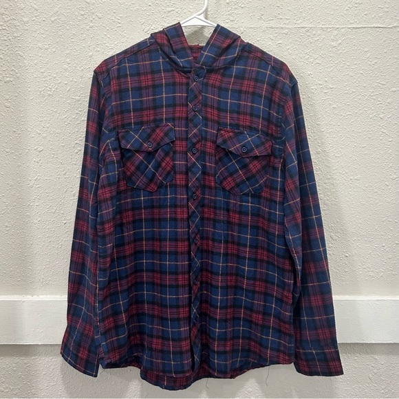 CHOMP Red and Blue Hooded Flannel Button Down M - Picture 1 of 4